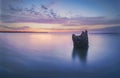 Weathered pole with barnacles sticks out above the water surface on the Dutch coast at dawn