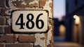 Vintage House Number 486 on a Textured Brick Wall - Urban Street Scene Royalty Free Stock Photo