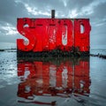Weathered Red Stop Sign on a Moody Beach Royalty Free Stock Photo
