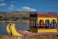 Weathered reed boats along the coast of Lake Titicaca in Puno, P