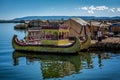 Weathered reed boats along the coast of Lake Titicaca in Puno, P
