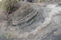 Weathered rock and layers of volcanic ash, dust, sand and lava. Stiff lava at the top of the active Batur volcano. Royalty Free Stock Photo