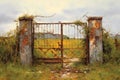 weathered, rusted farm gate with peeling paint