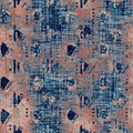 Weathered rustic coastal style distressed woven texture. Nautical blue red grunge resist seamless pattern. Textile