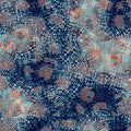 Weathered rustic coastal style distressed woven texture. Nautical blue red grunge resist seamless pattern. Textile