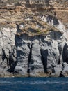 Weathered seaside rock face texture with parts of green and blue water. Aged volcanic stone wall surface background pattern Royalty Free Stock Photo