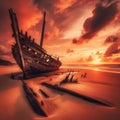 Abandoned shipwreck sits on sun-bathed beach Royalty Free Stock Photo