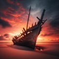 Abandoned shipwreck sits on sun-bathed beach Royalty Free Stock Photo