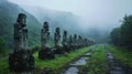 Weathered statues line the roadside their features worn away by centuries of wind and rain bearing silent witness to the