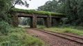A weathered stone bridge with three arches spans a tranquil forest, its surface covered in vibrant green moss. Royalty Free Stock Photo