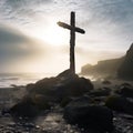 Weathered Stone Cross on Remote Windswept Island AI Generated