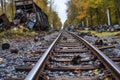 weathered train parts scattered around derailment site