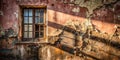 A weathered window in a dilapidated building, sunlit wall, decaying plaster, aged wood frame. Generative AI Royalty Free Stock Photo