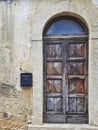 Weathered wood door with arch.