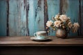 a weathered wood table with vintage teacup and saucer Royalty Free Stock Photo