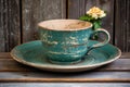 a weathered wood table with vintage teacup and saucer Royalty Free Stock Photo