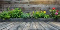 Weathered wood wall behind long planter filled with flowers. Generative AI Royalty Free Stock Photo