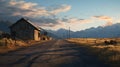 Weathered Wooden Cabin On An Empty Road: Vray Tracing And Yupik Art Inspired