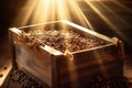 Weathered wooden crate filled with freshly harvested coffee beans, with rays of sunlight streaming through, highlighting the