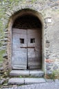 Anthropomorphic wooden door, stone arch, tree at base, bright sky Royalty Free Stock Photo