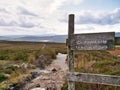 A weathered, wooden erosion control sign in the Yorkshire Dales, England, UK