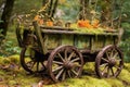weathered wooden wagon with rusted wheels