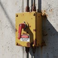 A weathered yellow electrical switch box is mounted on a concrete wall Royalty Free Stock Photo