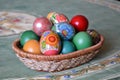 A weave basket with multicolored dyed eggs for Easter celebration