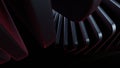 A weave of silver with red highlights of rectangular shaped metal plates, twisted in a spiral curve.