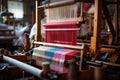 Weaving loom in a textile factory. Close-up, loom production of threads and textiles, AI Generated Royalty Free Stock Photo