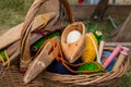 Weaving shuttles and multi-colored yarn in a basket Royalty Free Stock Photo