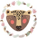 Cute, lovely, pretty and simple animal faces sketch, bear and autumn floral elements.