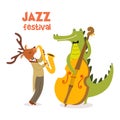 Stylish jazz poster with cute animal band in cartoon style.Vector illustration with animal musicians jazz festival.