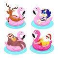 Santa, deer, sloth, unicorn with flamingo inflatable ring. Tropical Christmas. Vector illustration.