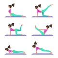 Set yoga poses, a girl practices yoga on a mat, fitness exercise, workout - vector illustration