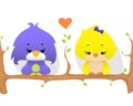 Cute birds on a branch with heart shape between, vector illustration.