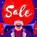 Sale poster, sale banner with bright colorful speaker girl