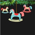 Retro vintage Scandinavian graphic lovely winter holiday new year collage pattern Christmas tree toys and rocking horse vector Royalty Free Stock Photo