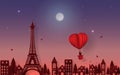 Origami Paper art of Silhouette romantic couple on balloon floating over Paris city in twilight time