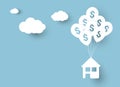 Vector illustration of house hanging on balloons with sign of dollar, over blue sky background and clouds with shadow.