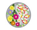 Yin yang symbol with tablets, pills and flowers