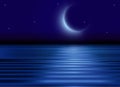 Midnight sky with stars and new moon, light reflection in water wallpaper Royalty Free Stock Photo