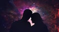 Couple silhouette looking at stars, cosmos background