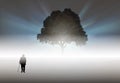 Old man walking to a big tree, loneliness, solitude concept Royalty Free Stock Photo