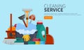 Equipment Cleaning service concept. Poster template for house cleaning services with various tools. Flat vector