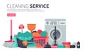 Equipment Cleaning service concept. Poster template for house cleaning services with various tools. Flat vector Royalty Free Stock Photo