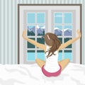 Woman stretching in bed after wake up. Concept for holidays and vacations. Summer mountain scenery. Flat vector Royalty Free Stock Photo