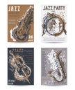 Jazz music party with musical instruments. Saxophone, guitar, cello, drum kit with grunge watercolor splashes. Royalty Free Stock Photo