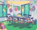 Room interior with decorations for holiday party. Banner for congratulations, table served for dinner with cake, presents, balloon