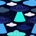 Seamless pattern with UFO spaceship. Unidentified flying object with light beam.